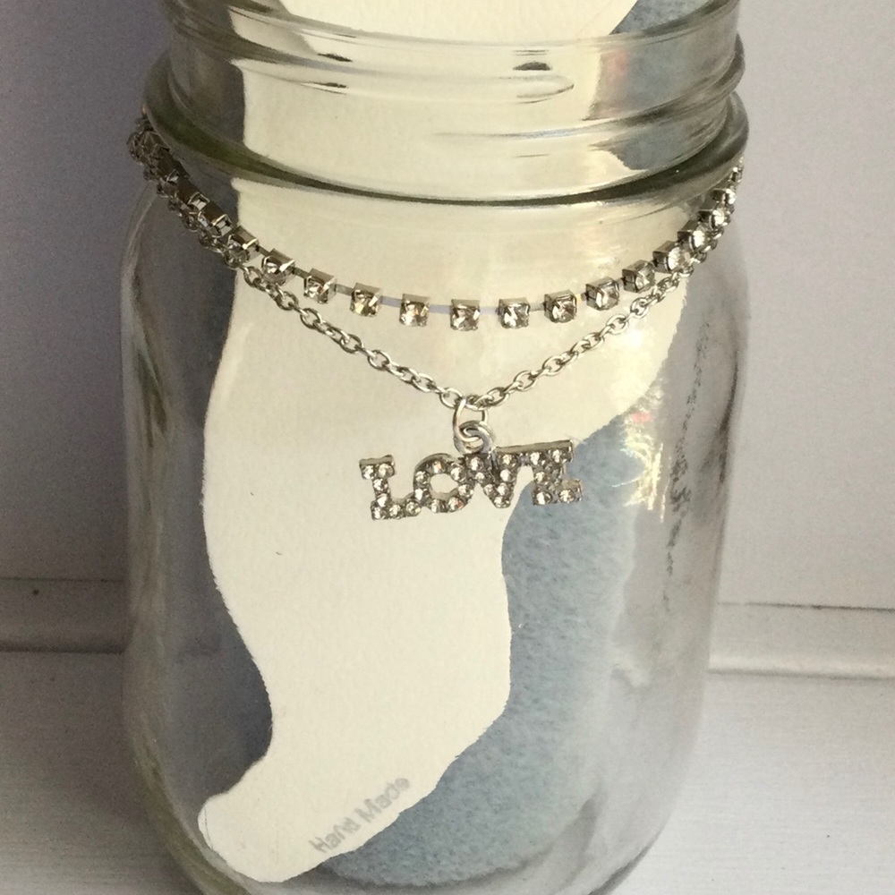 Paved “Love” Silvertone Rhinestone Anklet